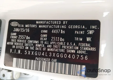 2016 Kia Optima Ex z USA, uszkodzony, nr VIN 5XXGU4L3XGG040756